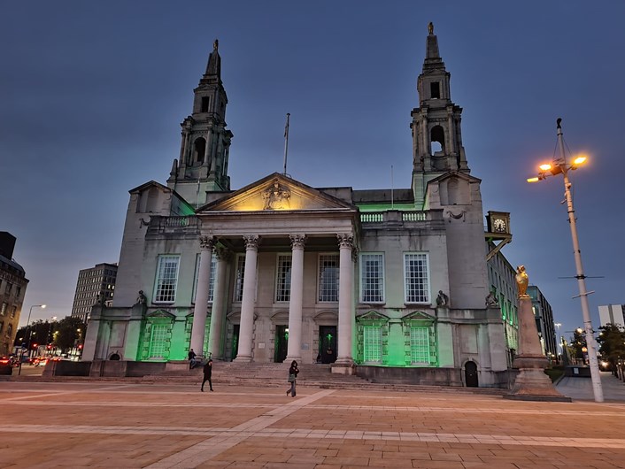 Civic Hall lit up in green for Recycling week