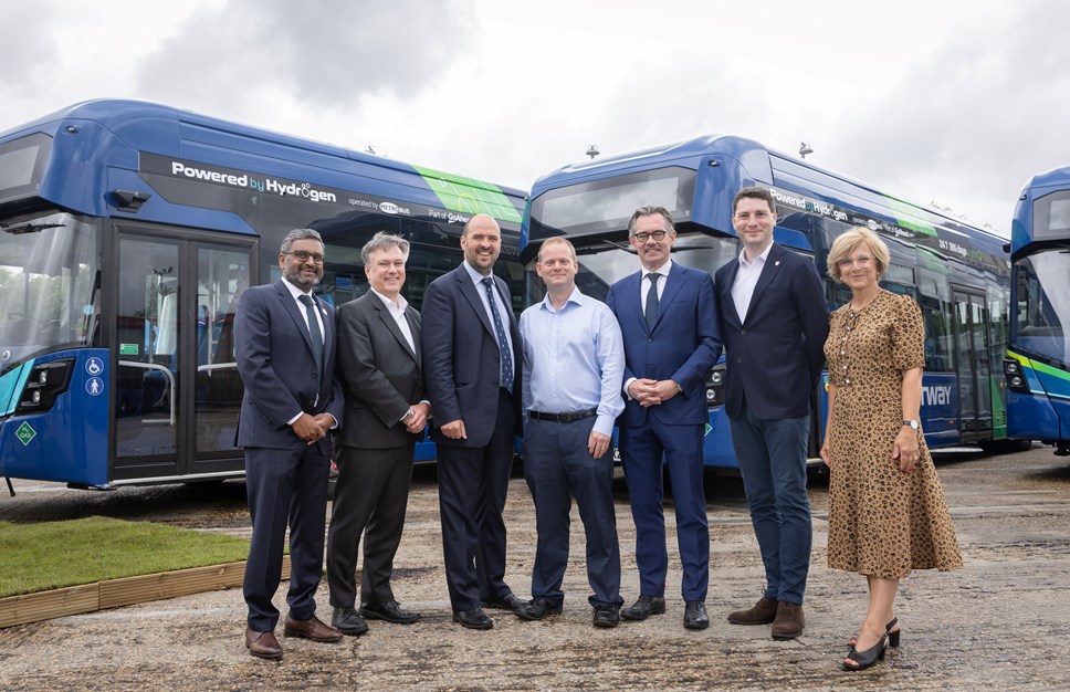 Left to right - Manish Patel, Mobility Director for Air Products Henry Smith, Member of Parliament for Crawley Richard Holden MP, Minister for Roads and Local Transport Ed Wills, Managing Director for Brighton and Hove Buses and Metrobus  Jean-Marc Gales, Chief Executive Officer at Wrightbus Matt Furniss, Cabinet Member for Transport, Infrastructure and Growth at Surrey County Council  Clare Hollingsworth, Non-Executive Director for Go-Ahead Group