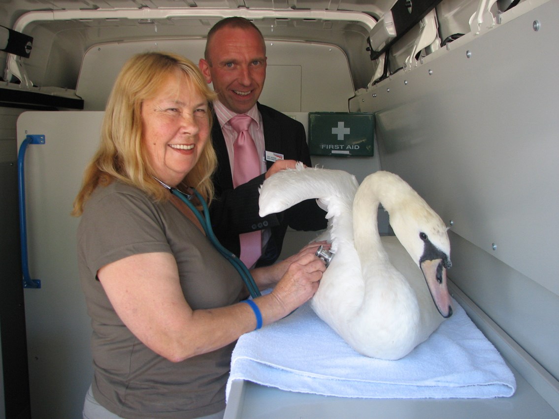 Swan Sanctuary ambulance handover: Network Rail's Tony Jackson hands over the keys to a brand new ambulance to Dot Beeson from the Swan Sanctuary