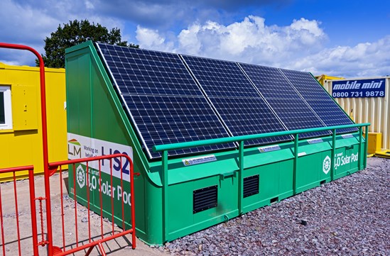 Solar (PV) cell unit supplying electricity and hot water to site accommodation: Credit: HS2 Ltd