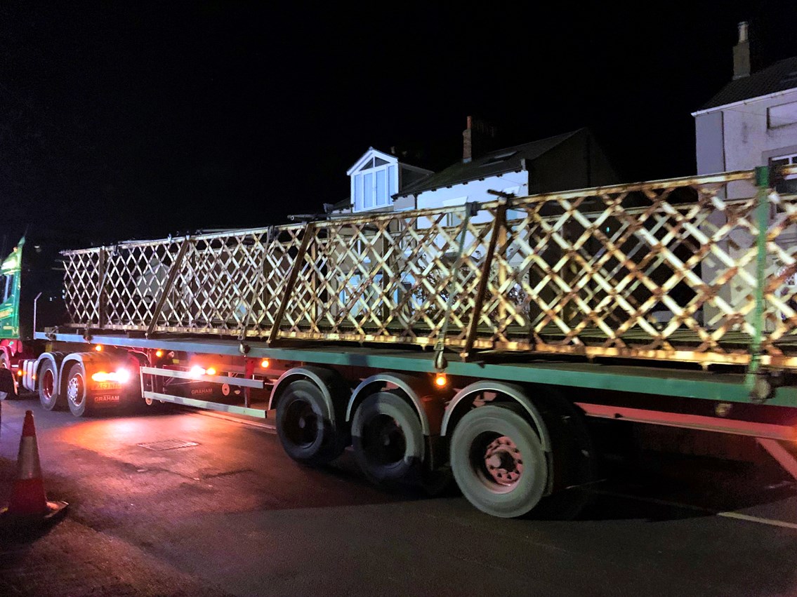 Harrington footbridge being taken away by lorry before the refurbishment started in November 2022