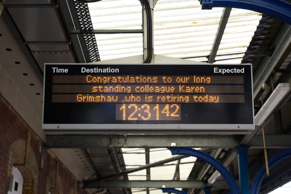 The Avanti West Coast team at Stockport say farewell to Karen Grimshaw with a special message displayed at the station.