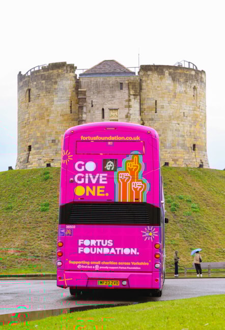 Fortus Foundation bus outside Clifford's Tower, York