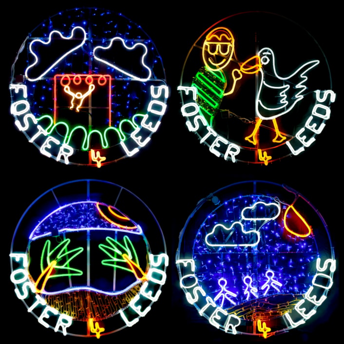 Foster 4 Leeds Light Night 2: All four light creations made for Light Night Leeds based on drawings by children living in foster care. The lights will be on display on Cookridge Street.