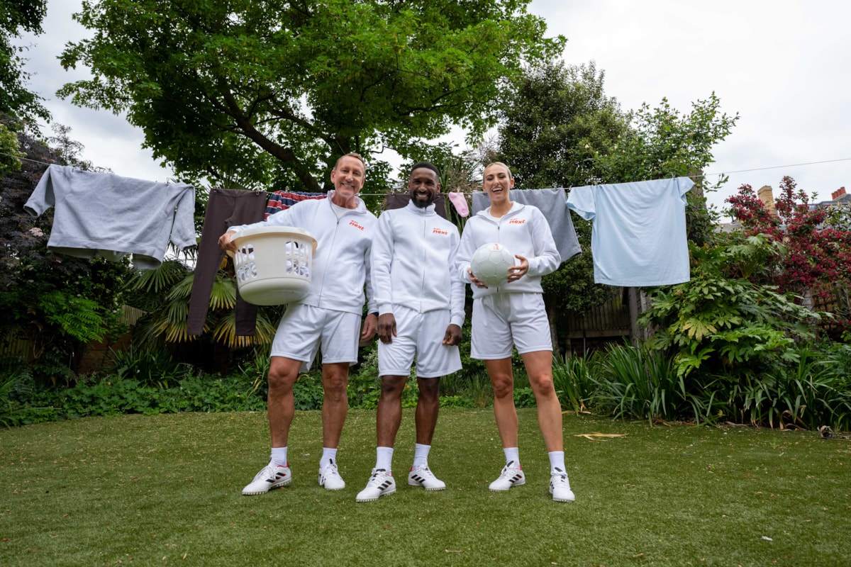 Ray Parlour, Jermain Defoe and Toni Duggan are pictured with a washing basket, a football and a washing line as part of the Watch and Wash campaign to help people save on their electricity bill.