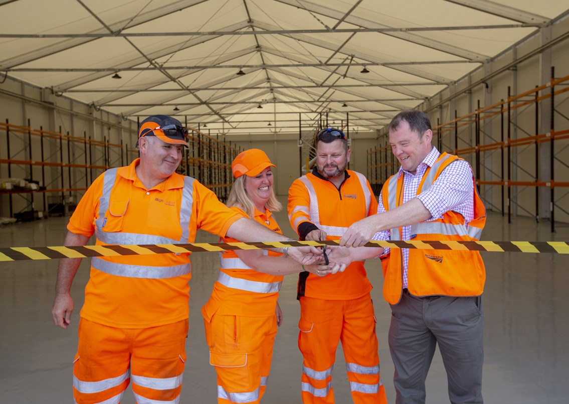 Cutting the ribbon Left to right Phil Bevan Strategic Spares Co-ordinator, Amanda Pike Material Support Manager, Simon McColgan Business Support Manager, Rob Morton Supply Chain Operations Director