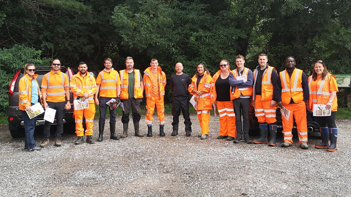 Group shot of Network Rail volunteers before Himalayan Balsam clearance in Stockport