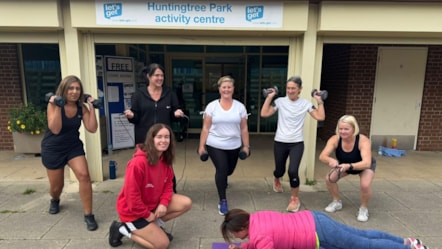 Park activator Steffi Reeves (in red) with Councillor Andrea Goddard (directly behind Steffi) with participants