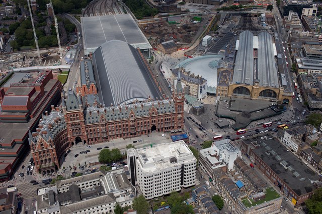 Trespasser jailed for climbing on top of a tunnel owned by Network Rail in London and causing mass rail disruption: Aerial photography of King's Cross and St Pancras - June 2012