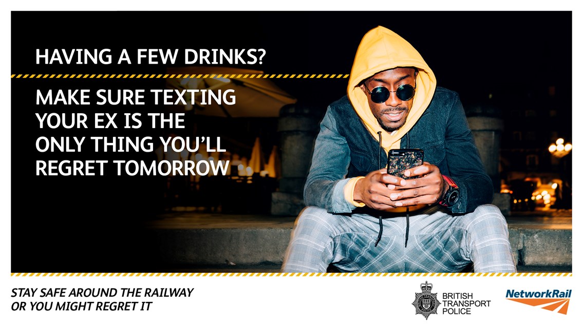 Network Rail and British Transport Police urge revellers to take care as alcohol-related incidents reach record levels on Britain’s railways: Intoxication campaign poster