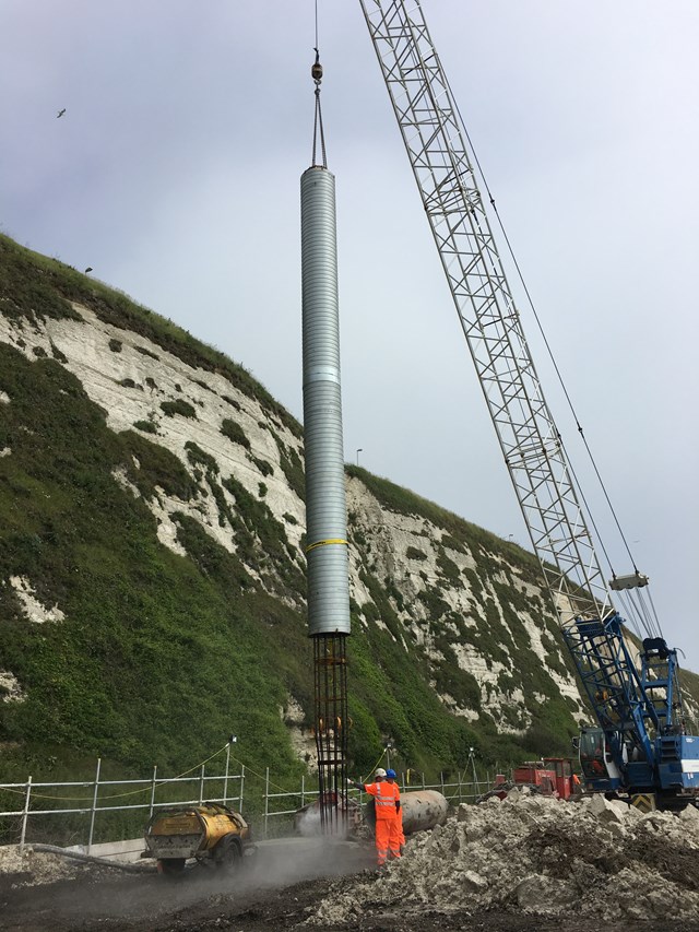 Dover - a pile cage ready to be placed into the ground: Dover - a pile cage ready to be placed into the ground. Concrete will be poured in later to form the pile (column) to support the viaduct