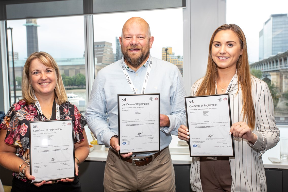 ISO 9001 - celebration as Network Rail Southern region receives awards: Regional Asset system Integration manager Lynn Villette, Integrated Management Systems manager  Andy Kavanagh, and Environmental Specialist  Yvonne McNicholas