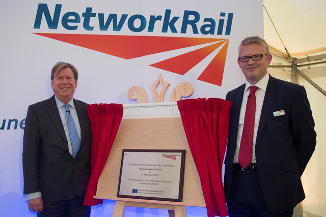 Official opening of Nuneaton North Chord: Transport Minister Rt Hon Simon Burns MP and Tim Robinson, director of freight, Network Rail (glasses) at the official opening of Nuneaton North Chord (14 Nov 2012)