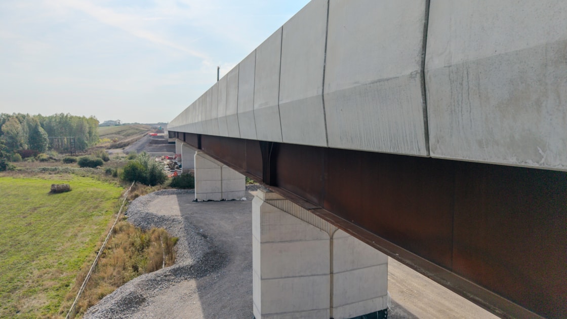 Close up of the weathering steel beam and concrete parapets of the Westbury viaduct October 2026