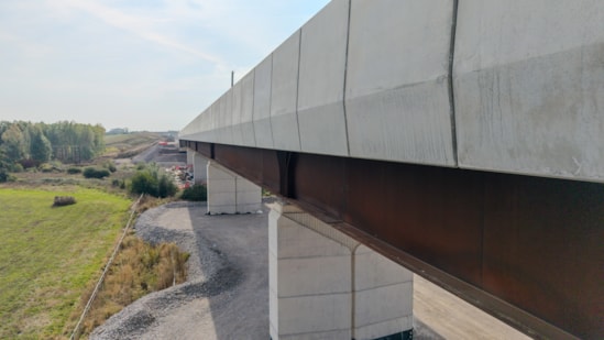 Close up of the weathering steel beam and concrete parapets of the Westbury viaduct October 2026