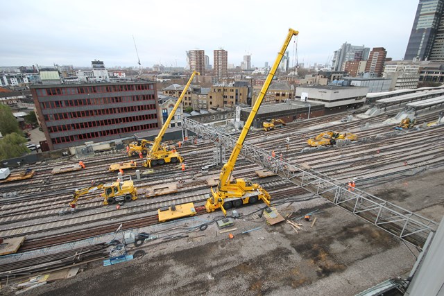 Gantry removal outside of London Bridge: A huge signal gantry, which was used to control trains running in and out of London Bridge, is removed by crane over Christmas