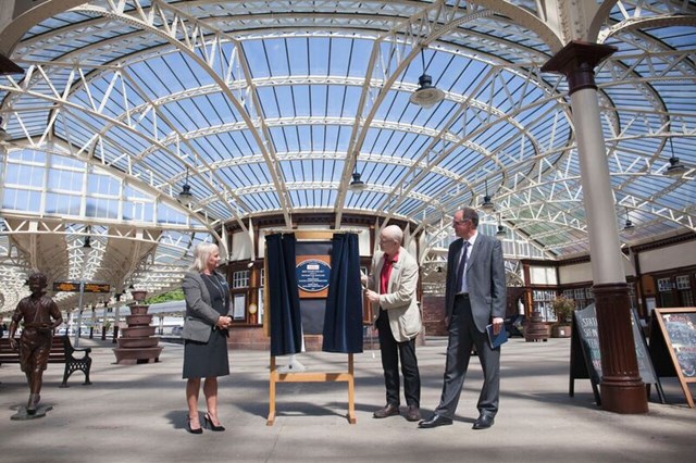 Wemyss Bay marks heritage award win: Wemyss Bay plaque with Jacqueline Rae, of ScotRail, Andy Savage, of the National Railway Heritage Awards, and Donald Stevenson, of Network Rail.