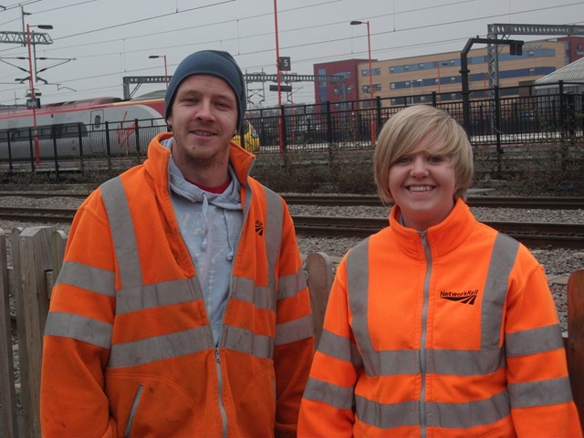 Camilla Banner: Former apprentice, now maintenance team leader in Rugby, Camilla Banner, 24, is studying for the HNC in Engineering through Network Rail. Pictured with technician Dean Gurney, (Feb 2012)