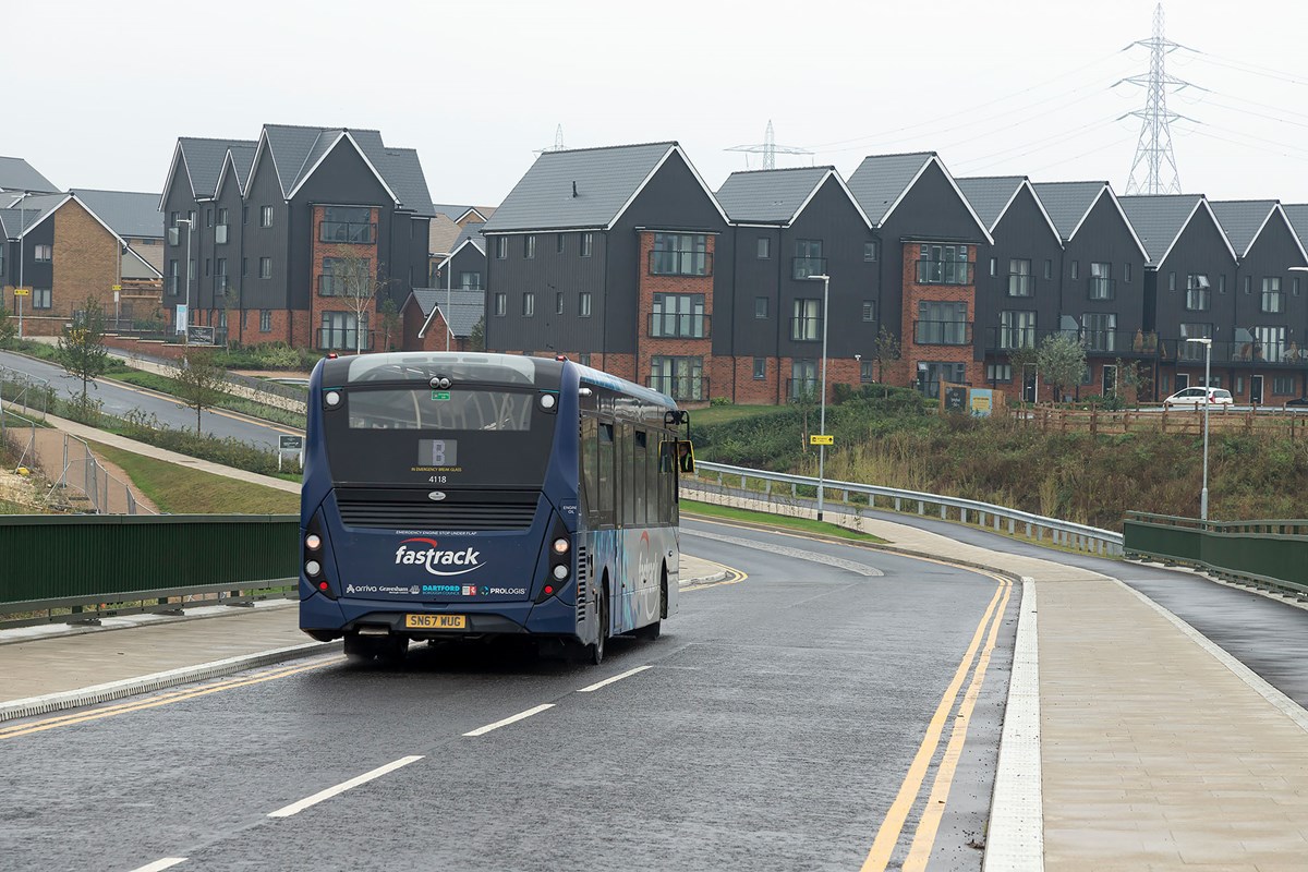 A Kent Fastrack bus operating in the Springhead Park area of Gravesend