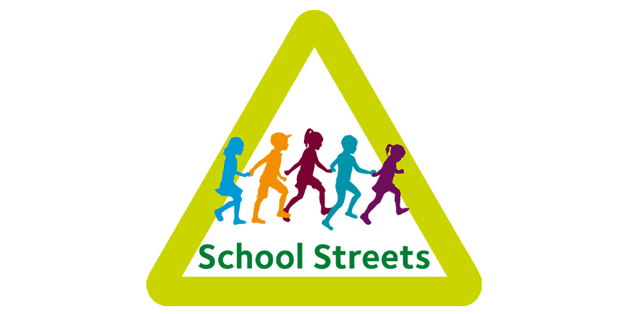 Graphic showing children in a green triangle with the words School Streets