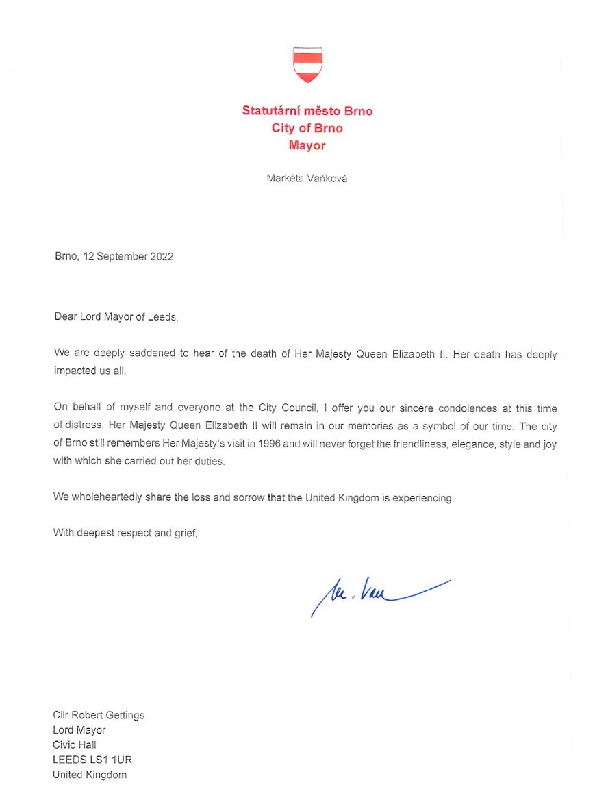 Brno: Condolence letter from Mayor of Brno following death of Her Majesty The Queen.