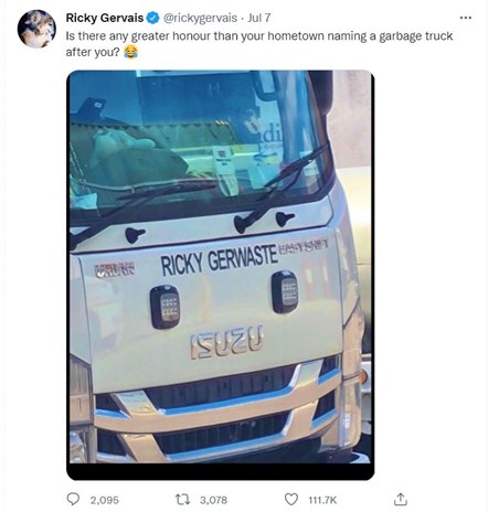 Ricky Gervais breaks the news of the naming of one of Reading's food waste trucks