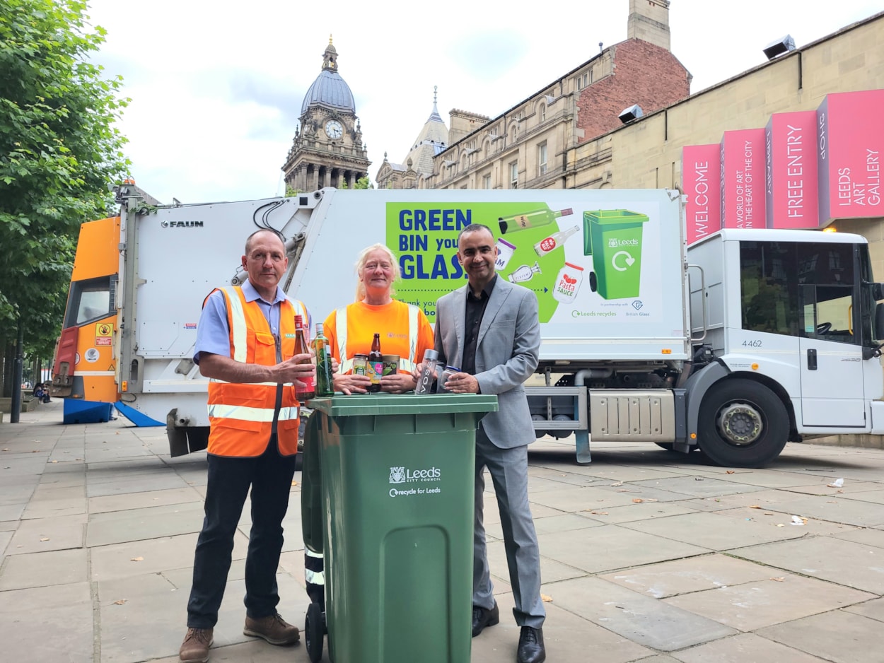 Leeds launch of glass recycling: L-R Declan Nortcliffe, Operations Director at HW Martin Waste Ltd, Mel Dinsdale, crew chargehand and Councillor Mohammed Rafique, Leeds City Council’s executive member for climate, energy, environment and green space at the launch of glass recycling in Leeds.