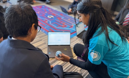 Pupils from Carnforth High School learn how to use Sphero BOLTS at the Lancaster and Morecambe MEGA Hub