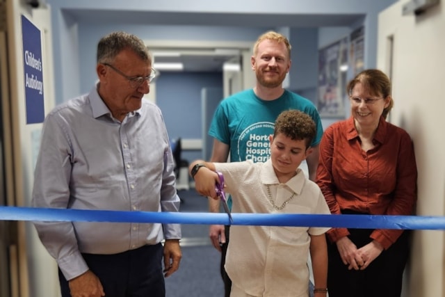 Sir Andrew Morris, Jamie French, Antony and his mother Mary at the opening of the new paediatric audiology facility at the Horton General Hospital