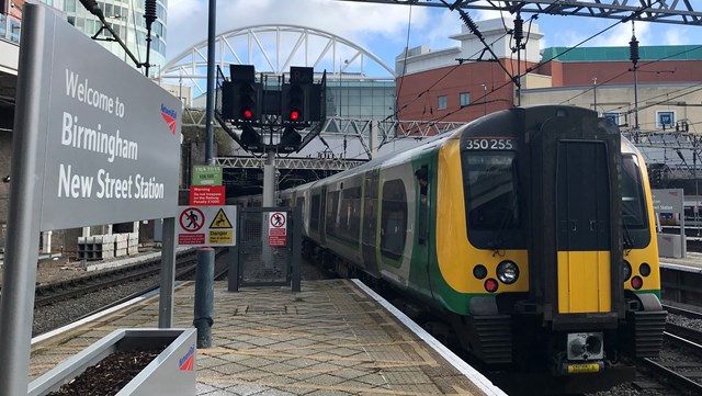 Birmingham New Street platform level London Northwestern Railway train February 2020