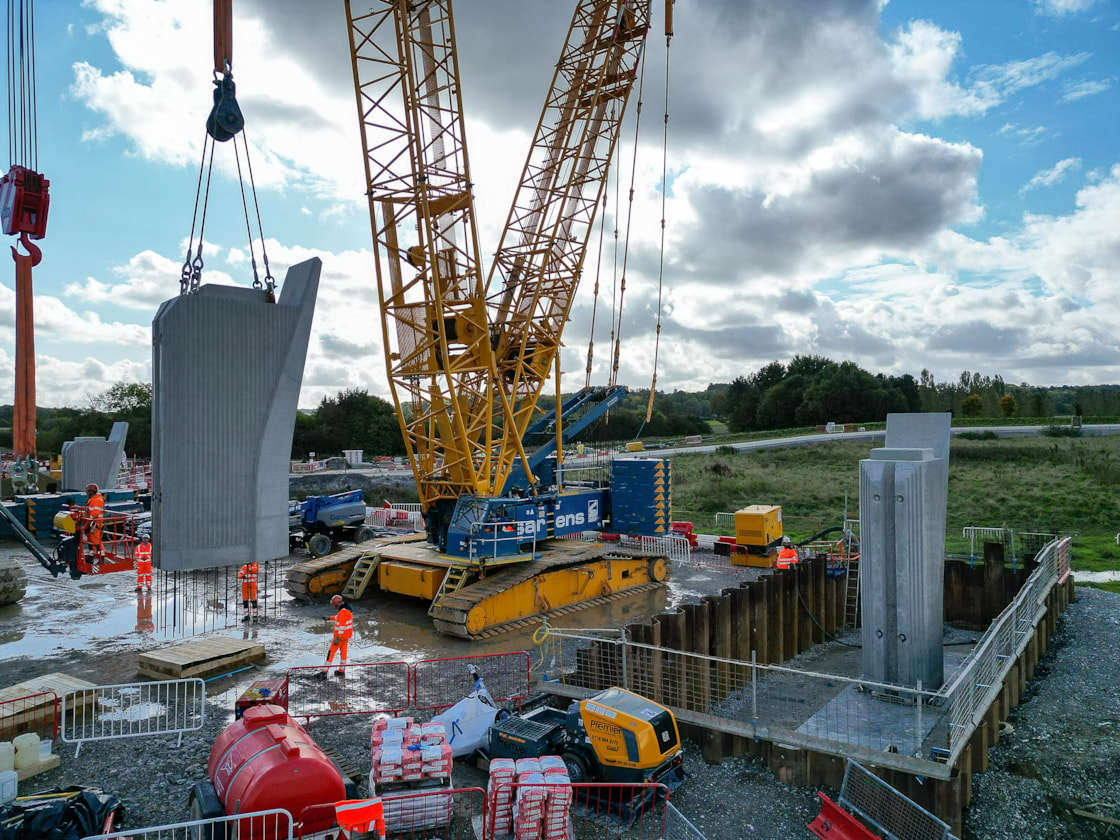 Aerial view of Edgcote Viaduct piers being installed (October 2024) DJI 0057