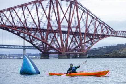 Sami Poole flees a Megalodon in the Firth of Forth ahead of Giants exhibition. Photo © Duncan McGlynn (2)