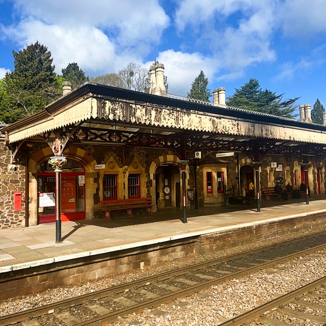 External view of fascia boards of platform canopies at Great Malvern station