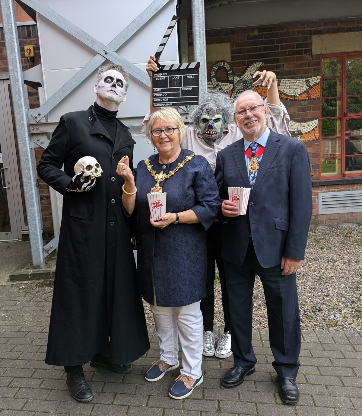 The Mayor of Dudley, Cllr Hilary Bills, with consort and husband John at Ruskin Glass Centre for a sneak peek of the Horror film festival with organiser Alan Birch (left)