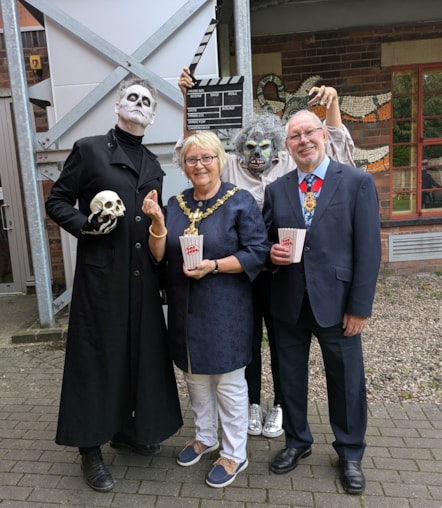 The Mayor of Dudley, Cllr Hilary Bills, with consort and husband John at Ruskin Glass Centre for a sneak peek of the Horror film festival with organiser Alan Birch (left)