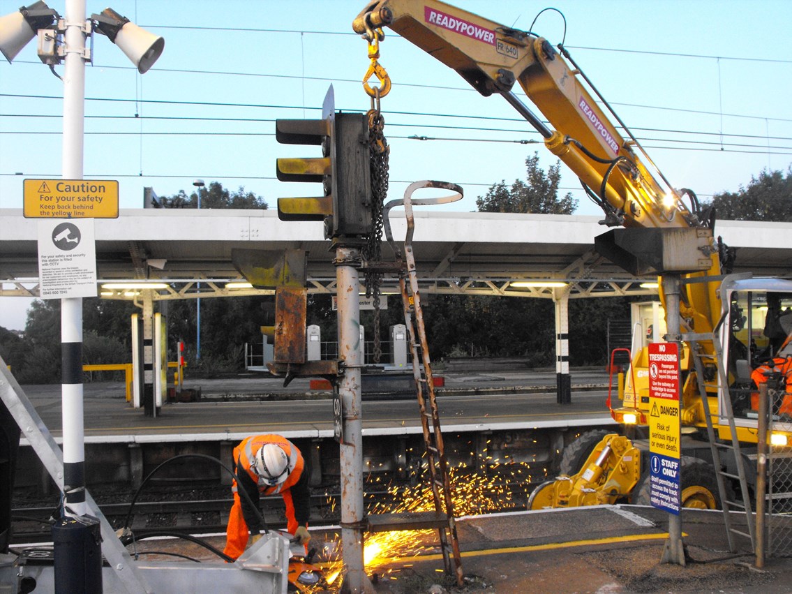 Removal of old signals: Obsolete signals are removed, ready to be replaced by state-of-the-art LED signals, as part of the £104m Colchester to Clacton upgrade.