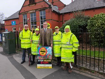 Cllr Warren Goldsworthy with (from left) road safety manager Tony Crook, and School Crossing Patrol officers Janet Robinson, Lorraine Heaton and Brian Cooney