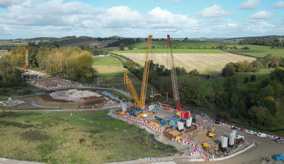 Image showing the first piers and preparation for a lift at Edgcote viaduct Oct 2024