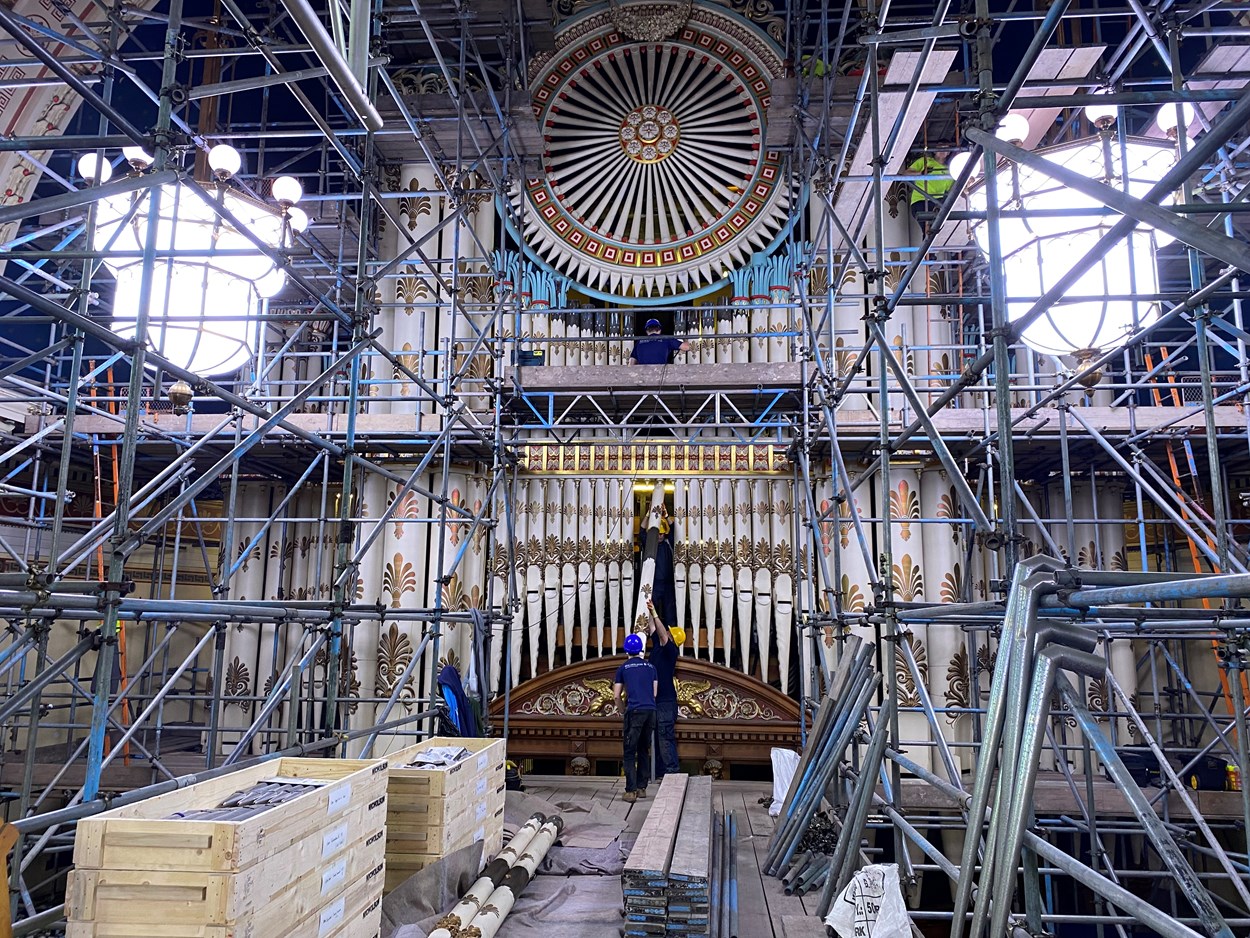 Leeds Town Hall organ project begins: Pipe organ specialists from Nicholson and Co. Ltd set up in Leeds Town Hall's magnificent Victoria Hall this week where they began erecting a complex network of scaffolding around the 50ft high organ before getting to work on the painstaking process of dismantling its impressive pipes and intricate inner workings.