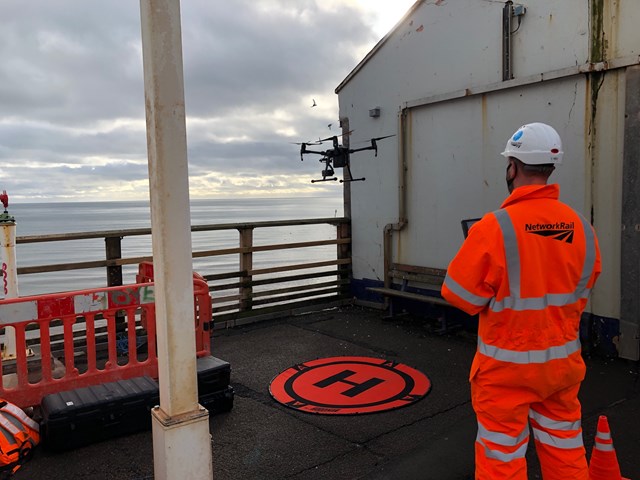 Drone operator at Dawlish station Jan 2021