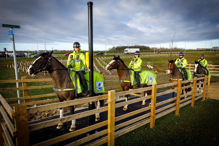 The West Yorkshire mounted police unit use the equestrian route crossing: Horse riders can use the equestrian crossings on the East Leeds Orbital Route without need for dismount.