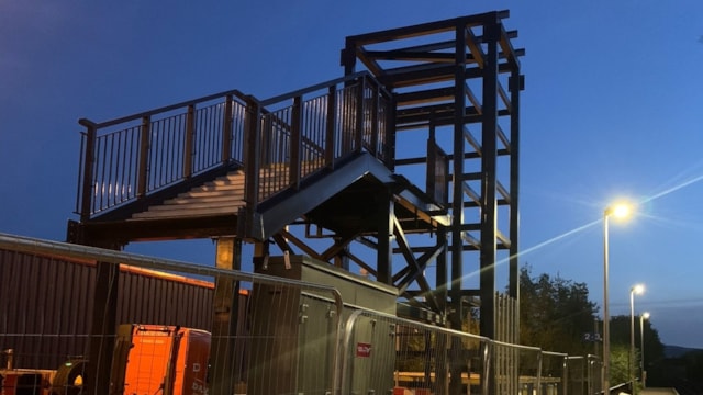 Staircases are installed at Cwmbran station as part of the Access For All scheme: Staircases are installed at Cwmbran station as part of the Access For All scheme