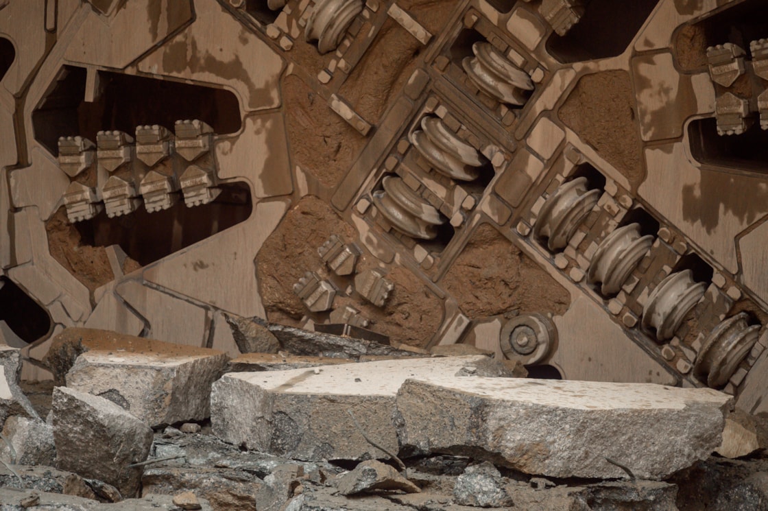 Close up of the cutterhead of Elizabeth and part of the headwall she broke through Oct 2025