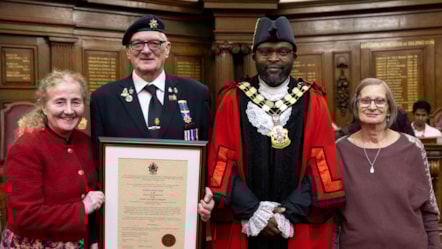 David John Dade with, from left, Cllr Una O'Halloran, Mayor of Islington Cllr Jason Jackson and David's wife Betty.