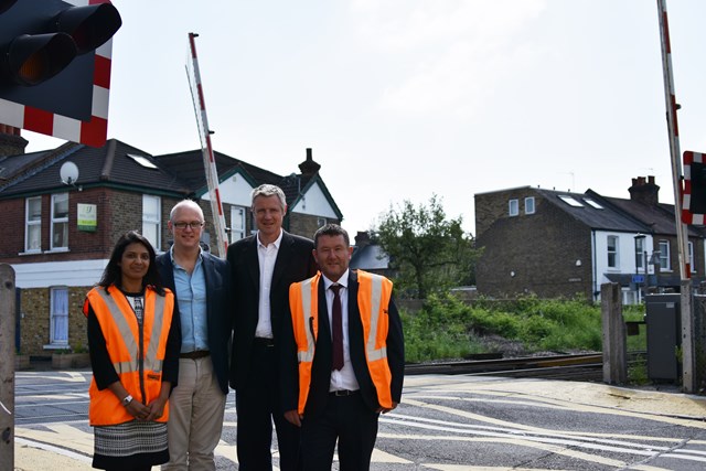 Image 2, l-r Priti Patel, Network Rail Head of Route Health and Safety - Cllr Stephen Speak - Zac Goldsmith MP - Mark O'Flynn, Level Crossing Manager, Network Rail