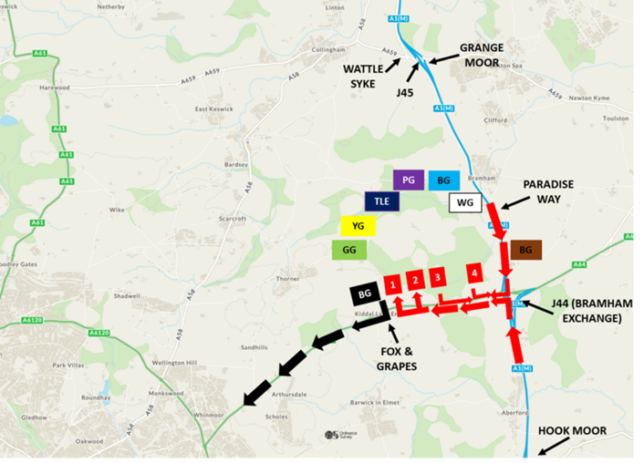 The red arrows show the route that Pick Up Drop Off traffic will take to the Leeds Festival site.