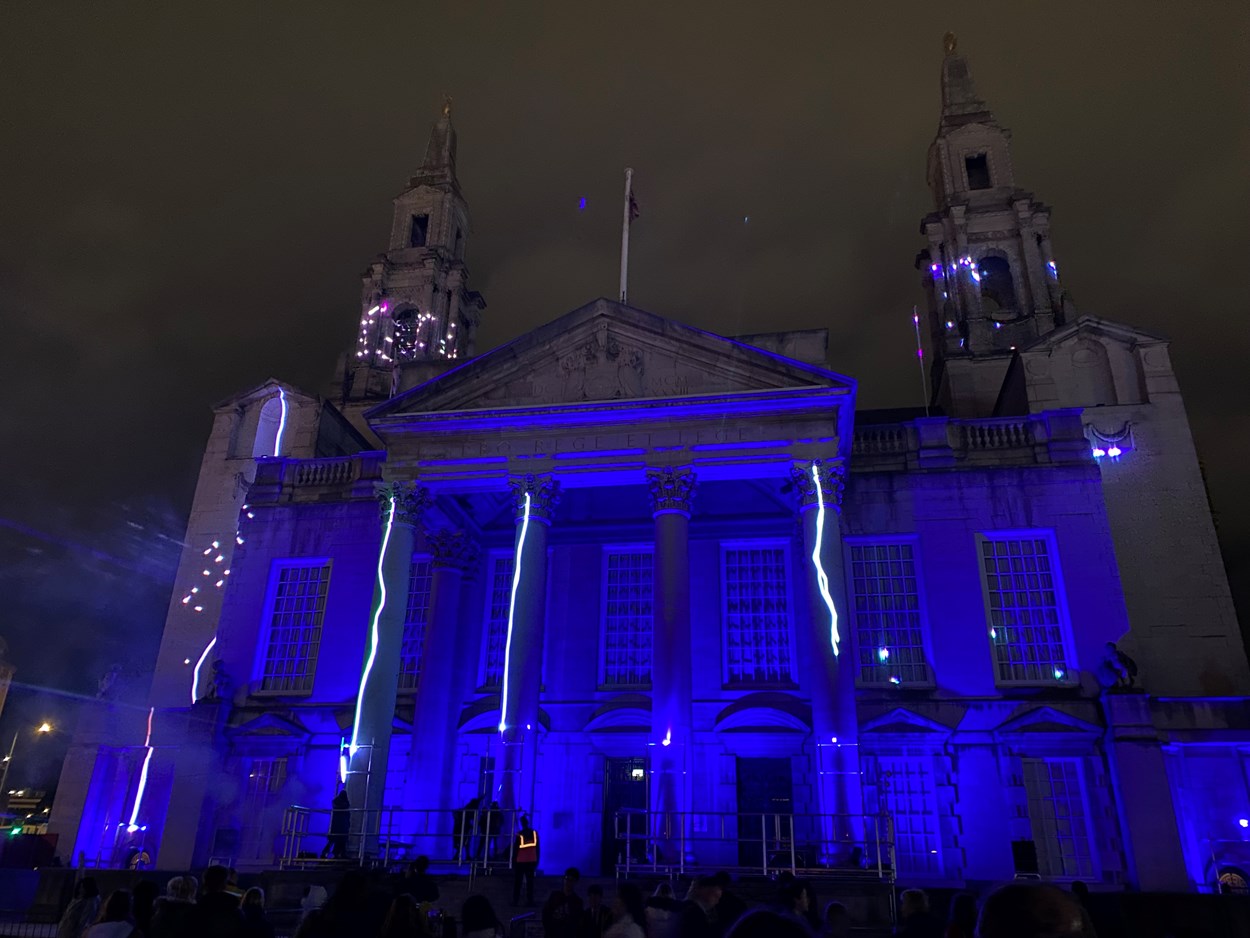 Light Night Leeds 2021: Lightning Catchers on Leeds Civic Hall, one of the stunning installations at Light Night Leeds 2021.