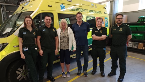 Wendy and Dave visit Reading Ambulance Station to say thank you to their lifesaving team: Caitlyn Sam Wendy Dave Kieran and Craig at Reading RC 17 Sept 2024