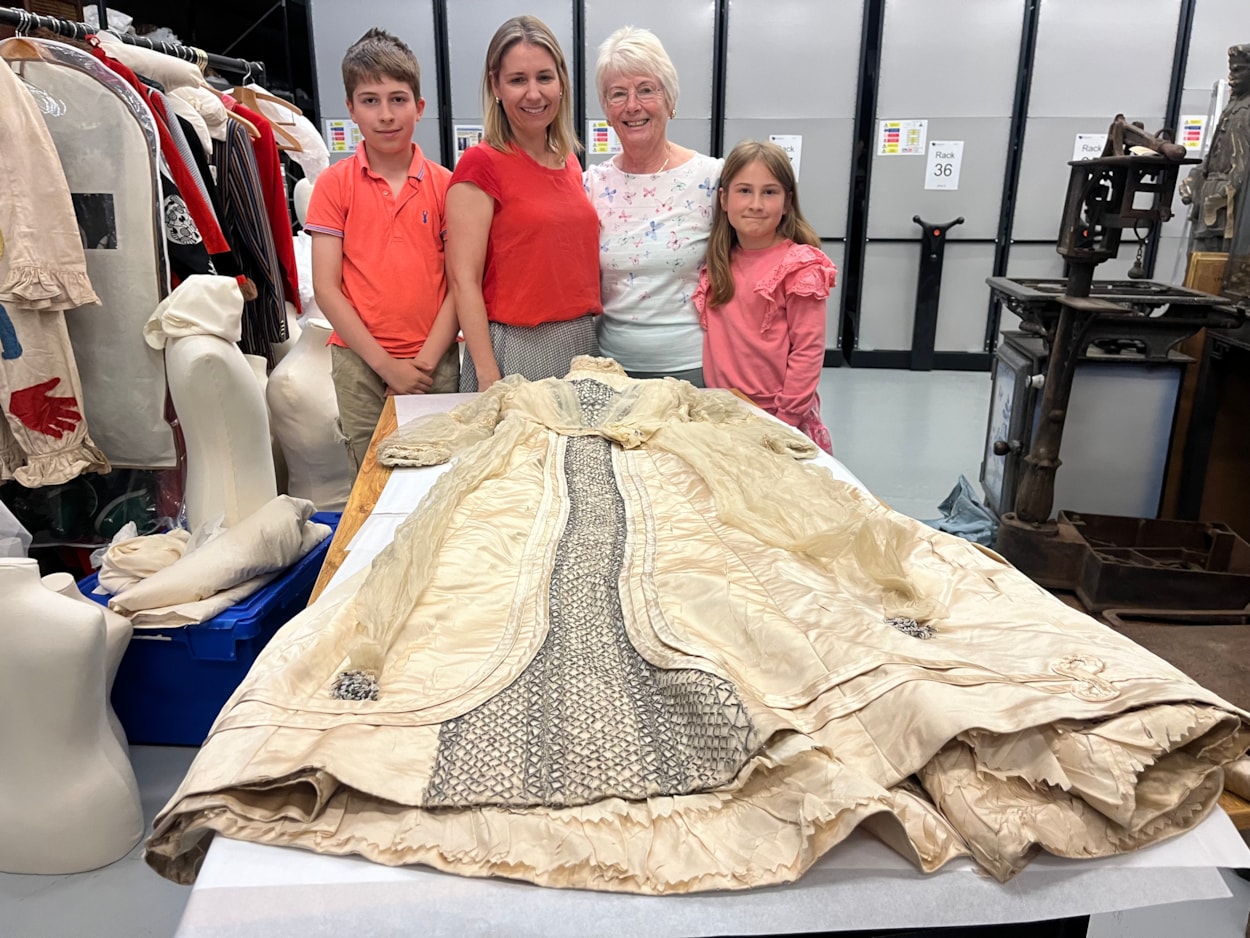 Lily Cathcart wedding dress: The descendants of Leeds schoolmistress Lily Cathcart travelled to the Leeds Discovery Centre this week, where they viewed their precious family heirloom, donated to the museum by Lily’s daughters Bessie, Jean and Isabel in the early 1970s.
L-R is Lily’s great, great grandson Alexander Bromley, Christina Bromley, Jennifer Slater and Emmeline Bromley, whose namesake Emmeline Pankhurst was one of the leading lights of the Suffrage movement.