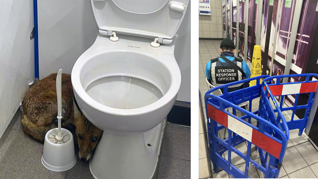 Fox found in Euston station toilet cubicle: Fox found in Euston station toilet cubicle